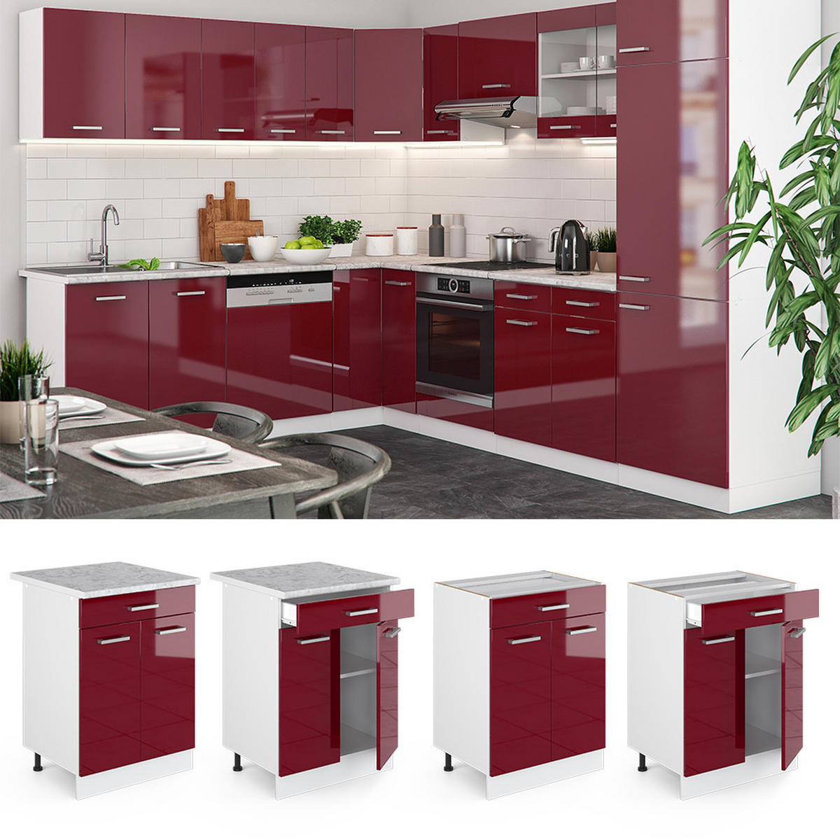 KÜCHENUNTERSCHRANK R-Line Rot Hochglanz 60 cm mit Schublade, ohne Arbeitsplatte - Rot/Weiß, Holzwerkstoff (60/81.6/46cm) - Vicco