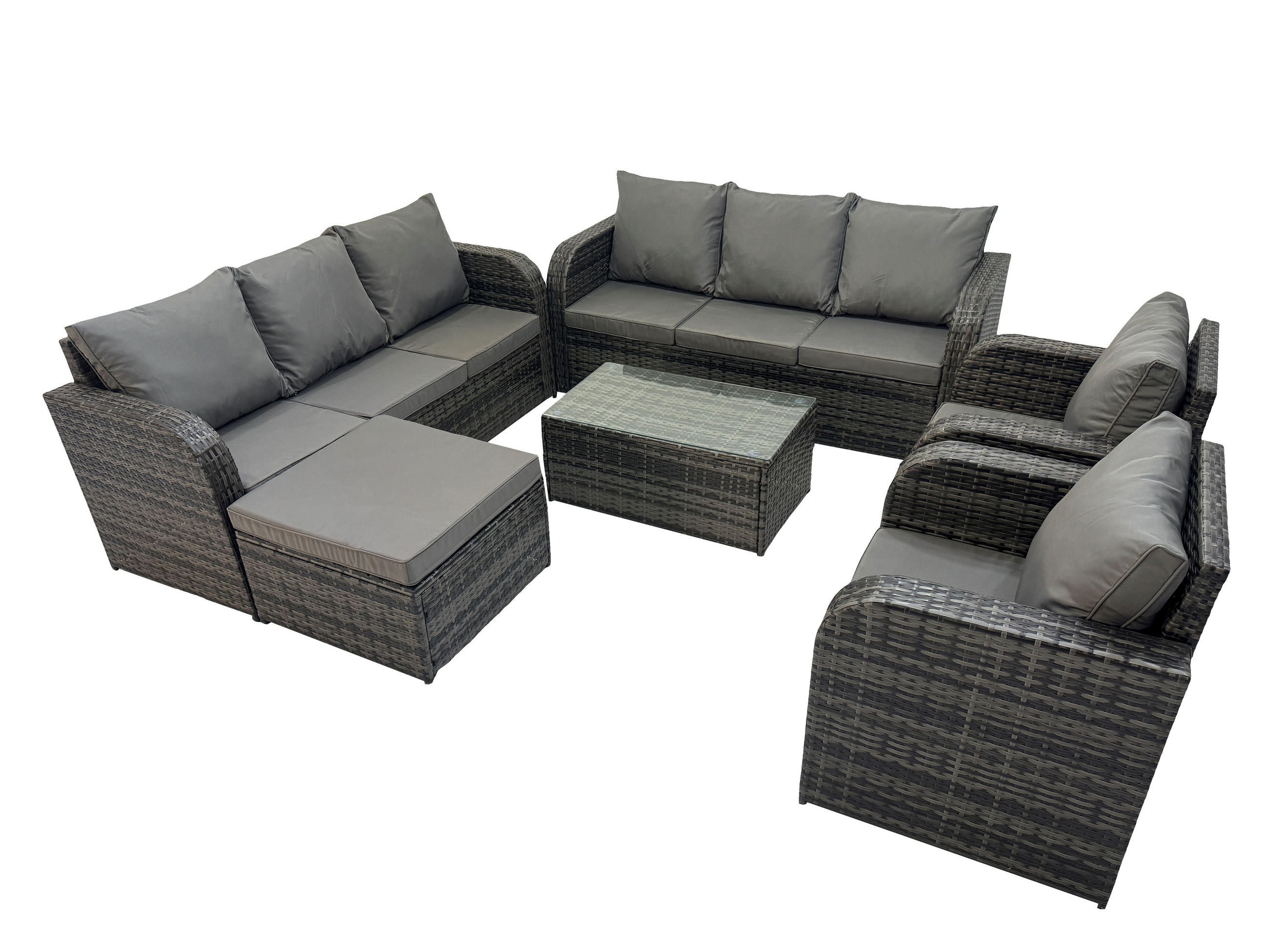 GARTENMÖBEL-SET mit Kissen Polyrattan Dunkelgrau 9-Sitzer - Dunkelgrau/Grau, Glas/Kunststoff - Fimous