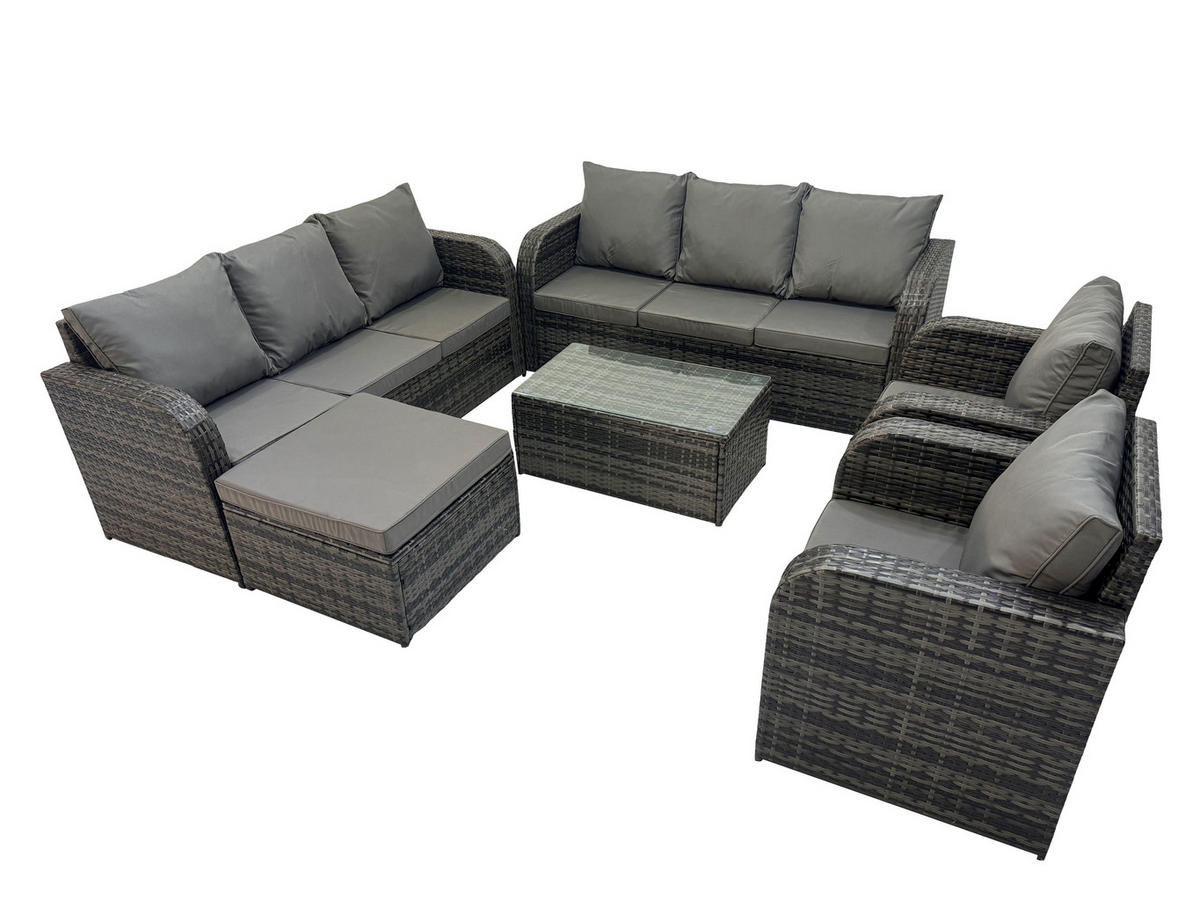 GARTENMÖBEL-SET mit Kissen Polyrattan Dunkelgrau 9-Sitzer - Dunkelgrau/Grau, Glas/Kunststoff - Fimous