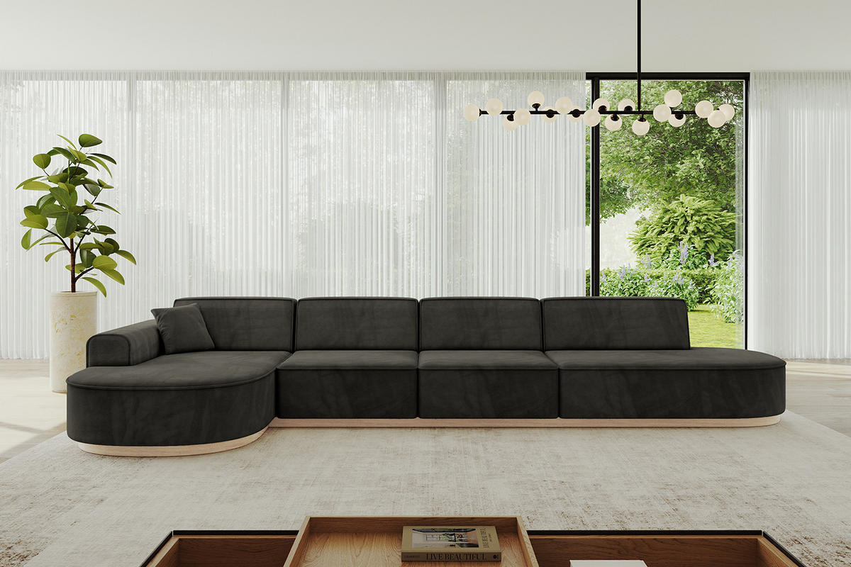 ECKSOFA Ottomane Links MARI-L3-v1 - 413x171x83 cm Schwarz Velours - Schwarz, Holzwerkstoff/Textil (413/171cm) - ALTDECOR