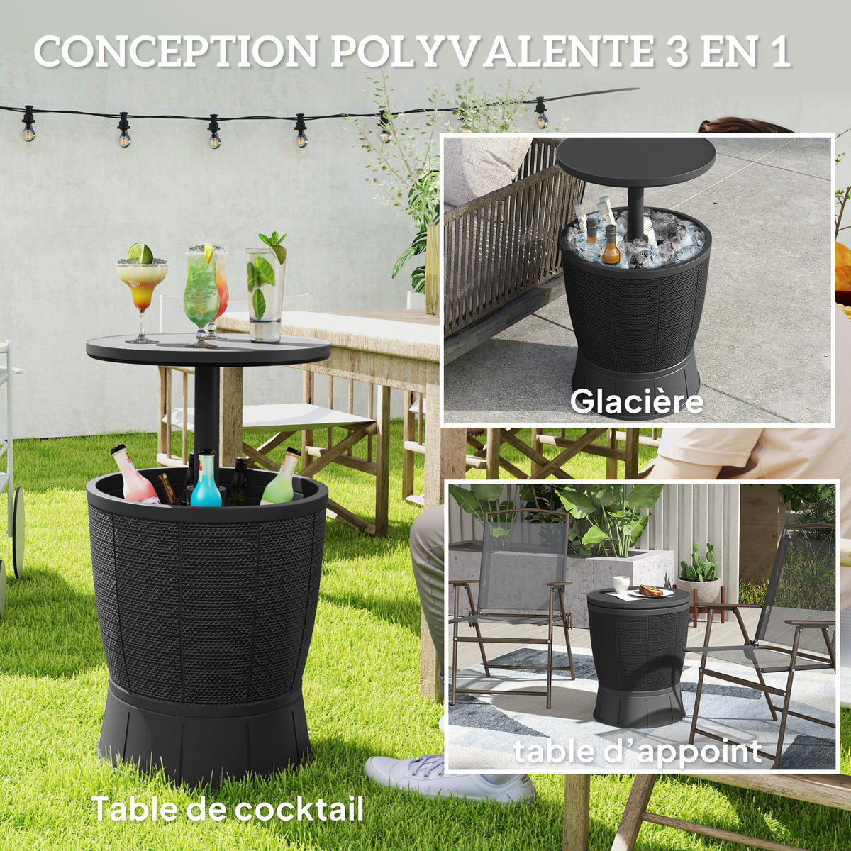 GARTENTISCH DE-14192 3-in-1 mit Eisbehälter, höhenverstellbar Schwarz - Schwarz, Kunststoff (49/49/84cm) - ComfortXL