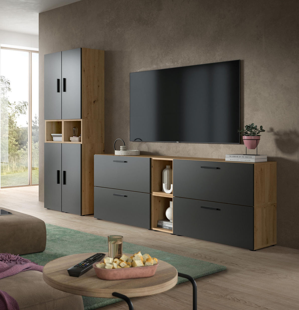 WOHNWAND The One Basalt grau 259/34/182 cm - Braun, Holzwerkstoff (259/182/34cm) - Xonox