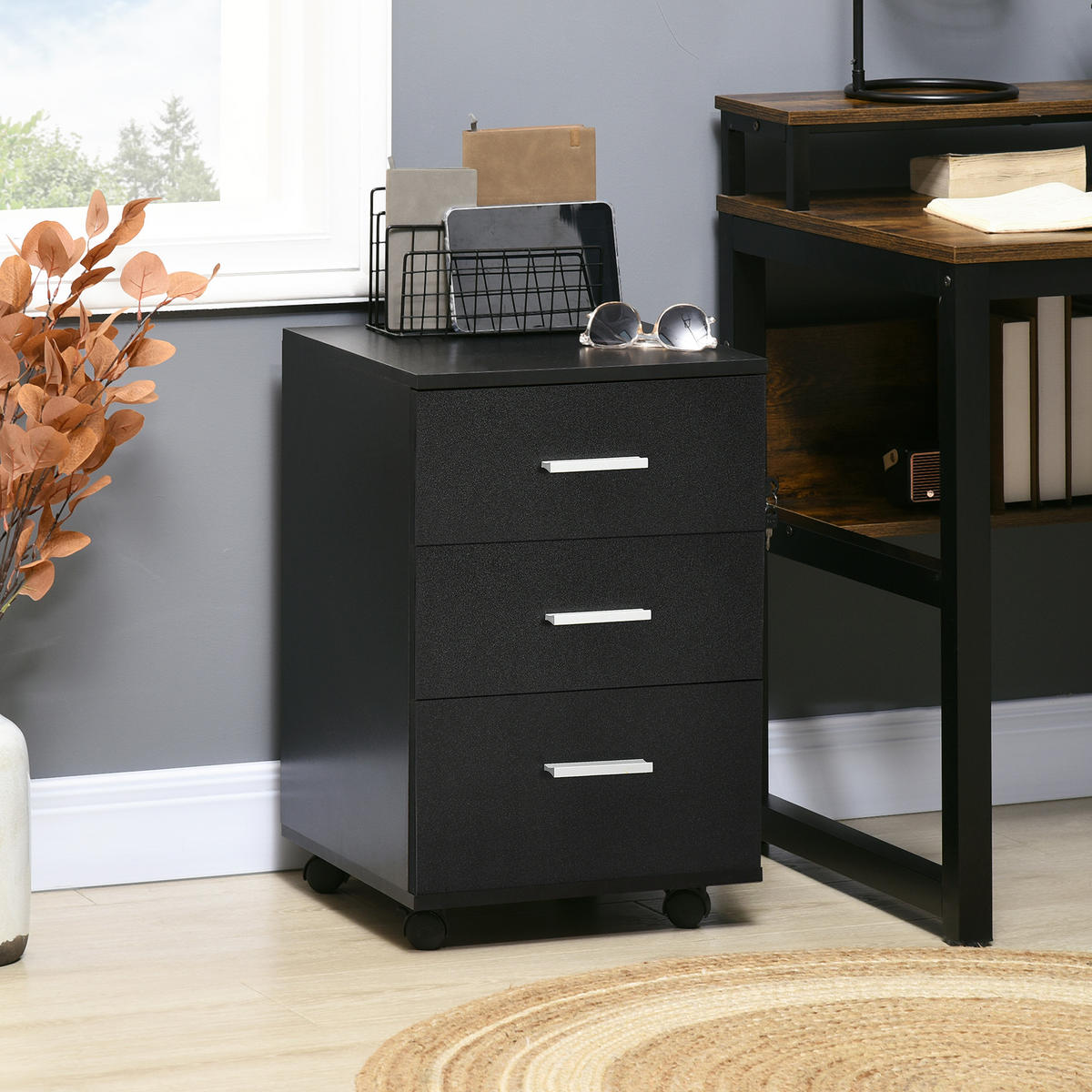 ROLLCONTAINER DE-14417 3 Schubladen abschließbar Schwarz - Schwarz, Holzwerkstoff (40/62/40cm) - ComfortXL