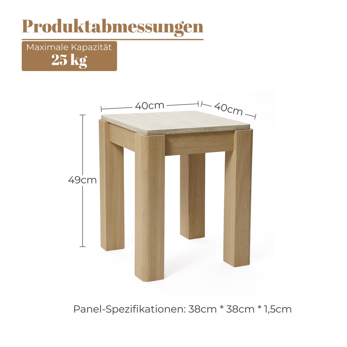 BEISTELLTISCH Holz mit Travertin-Optik 40 × 40 × 49 cm - Eichefarben, Holzwerkstoff (40/40/49cm) - Hometopia