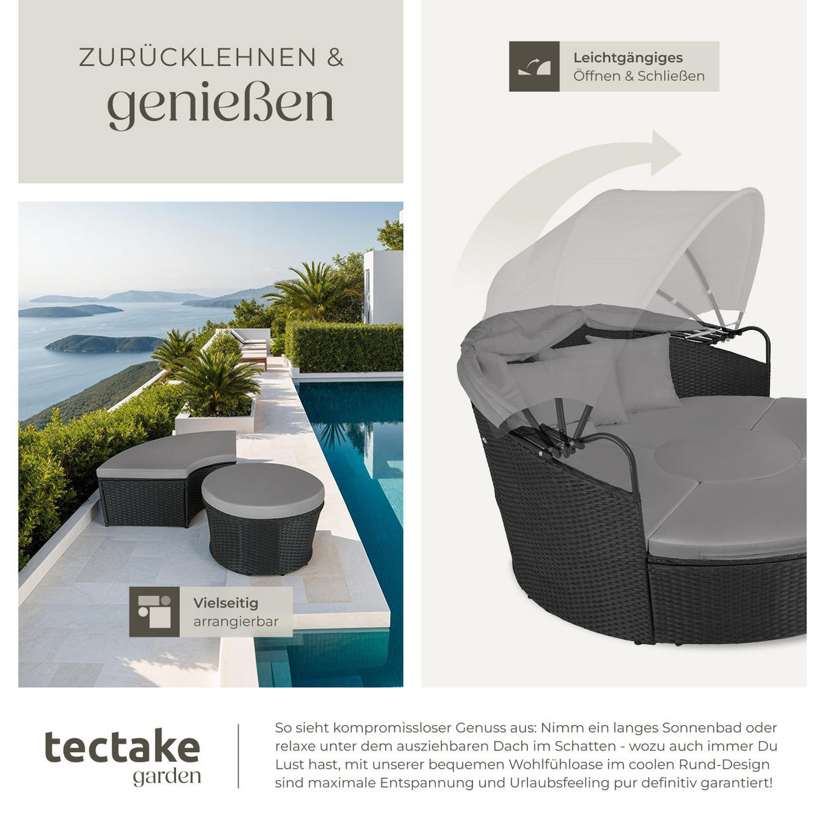 RATTAN SONNENINSEL Santorin,variabel aufstellbar,schwarz - Schwarz, Kunststoff (171/136/175cm) - tectake
