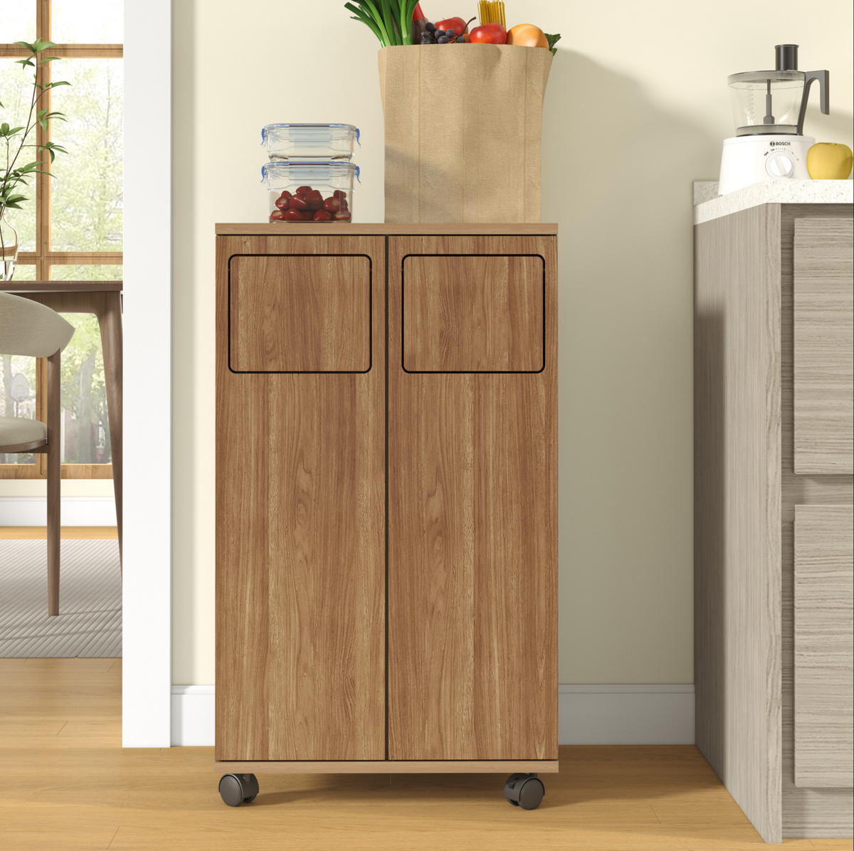 KOMMODE 46,7/35/80 cm aus MDF mit 2 Fächern, Rollen und 180° Türen, Natur - Naturfarben, Holzwerkstoff (46/80/35cm) - Redom