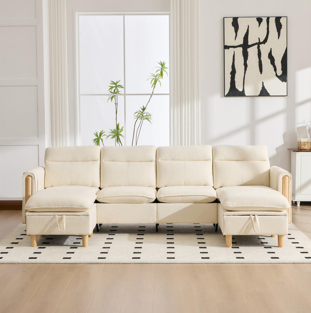 SOFA 261/77/86 cm in Beige mit Chenillebezug und 2 Stauraumhockern - Beige, Textil (77/86/261cm) - Flora Grace