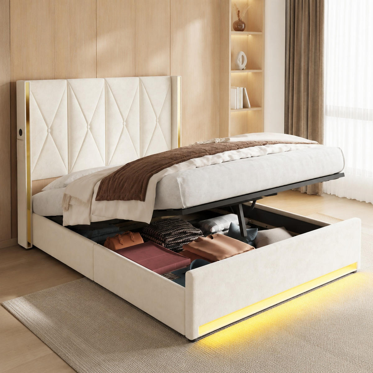 POLSTERBETT 160/200 mit Bettkasten, LED, USB & Type-C, Seitentaschen und gestepptem Kopfteil in Samt - Beige, Holzwerkstoff/Textil (160/200cm) - EVRYAE