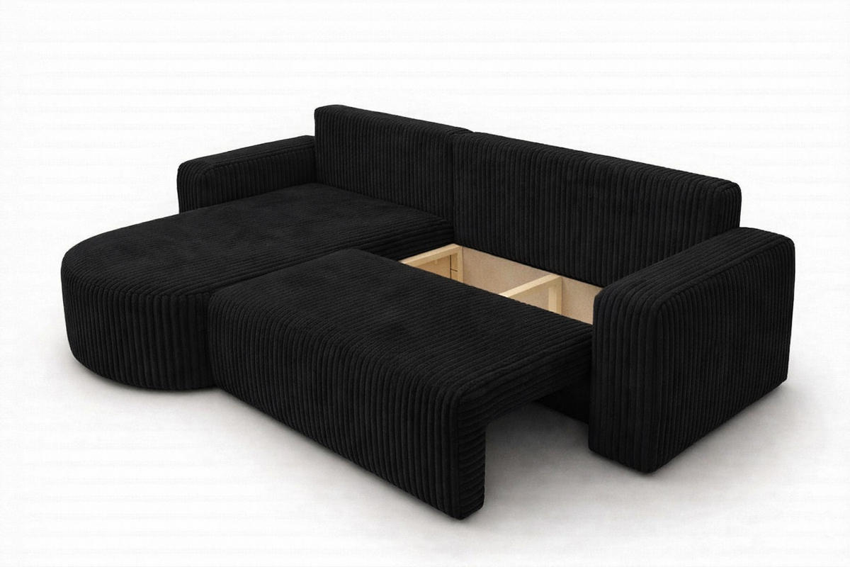 ECKSOFA Mit Schlaffunktion, Cordstoff Tilia, Schwarz, Links, ROUND ONE XL - Schwarz, Holz (271/175cm) - Kaiser Möbel