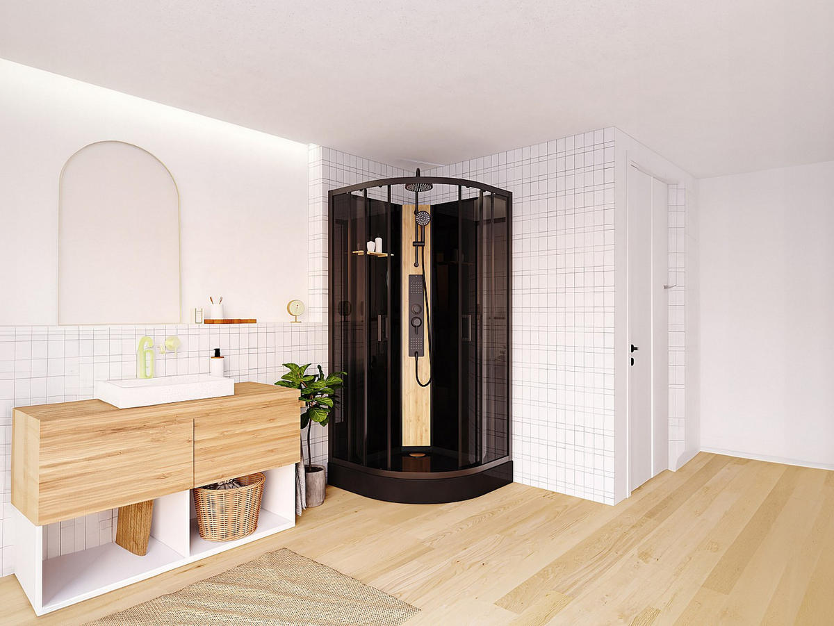 DUSCHKABINE - 90cm x 90cm - Bambus - schwarz - TILOMA - Schwarz, Glas (90/90/200cm) - Vente-Unique