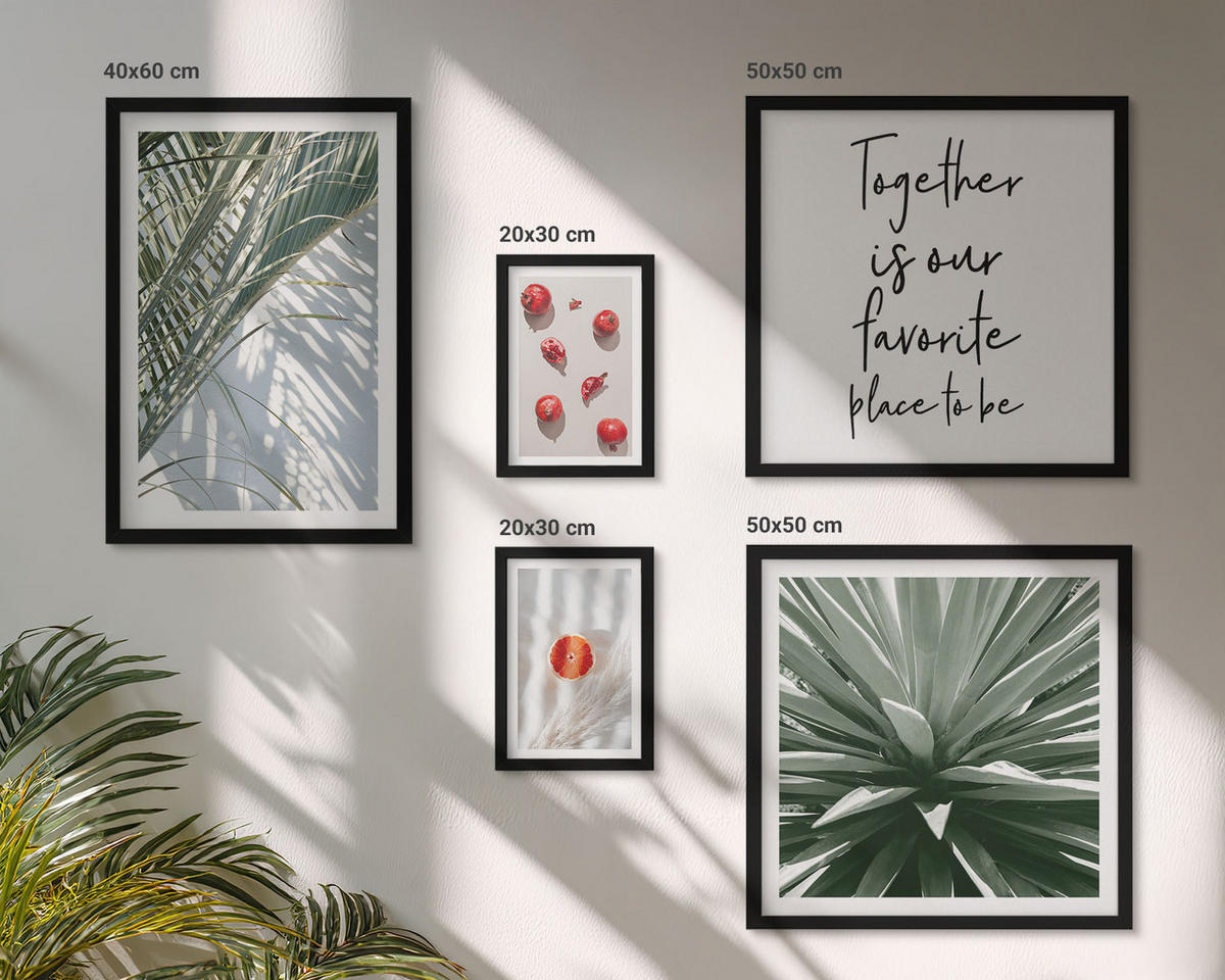 WANDBILDER 5er-Set - 50x50 cm & 20x30 cm & 40x60 cm Schwarzer Rahmen - Feiertags-Palmenfrucht-Inschrift - Schwarz, Kunststoff (40/60cm) - ArtPrintCave