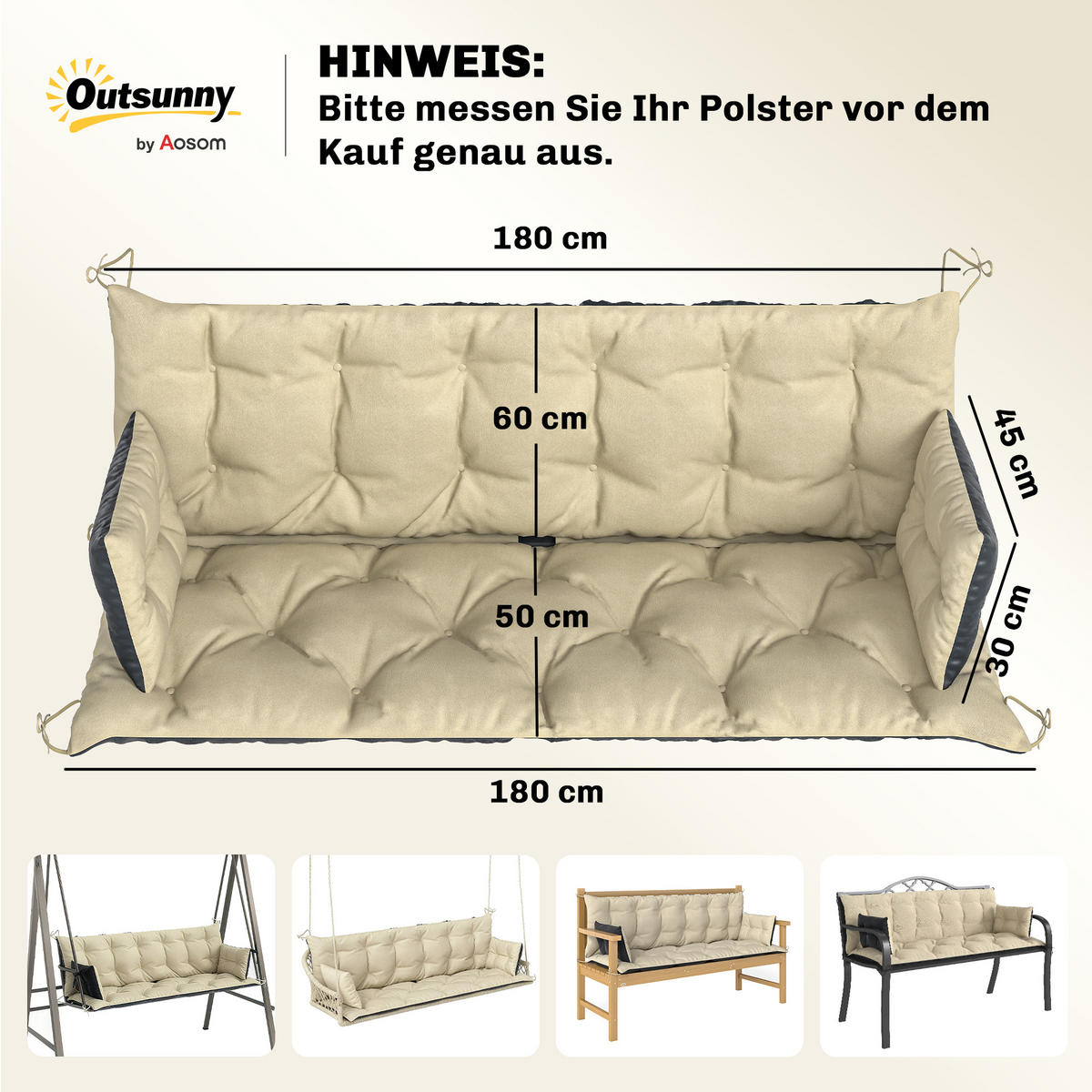 BANKAUFLAGE 3 Sitzer 180x 110x 8 cm - Beige, Kunststoff (110/8/180cm) - Outsunny