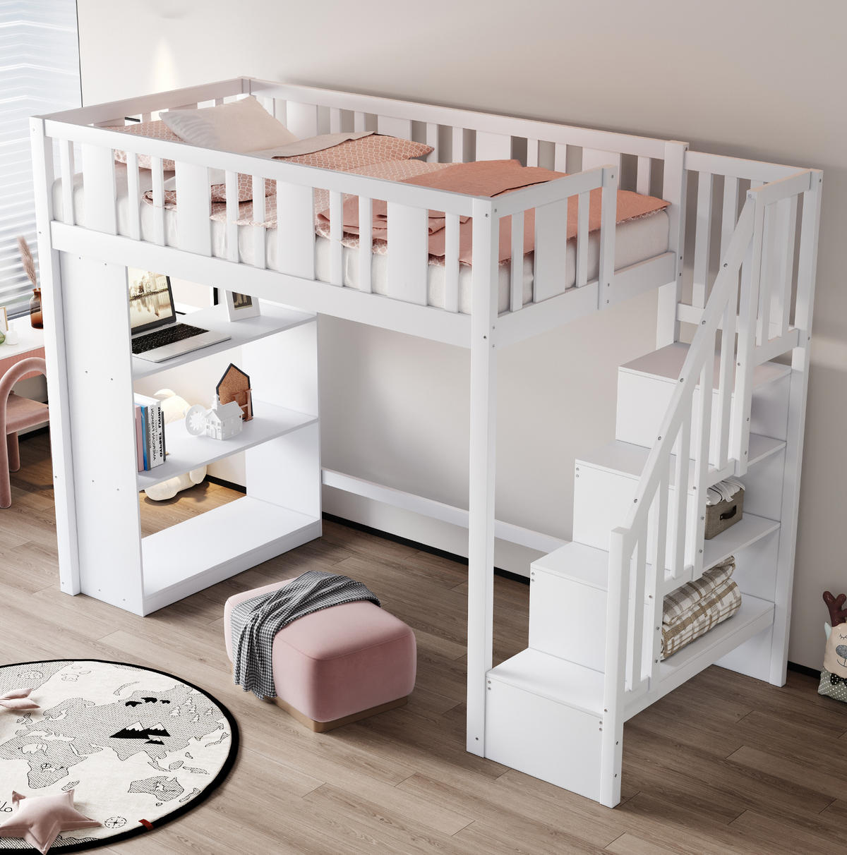 HOCHBETT 90/200 cm mit Stauraumtreppe in Weiß aus Kiefernholz mit Matratze - Weiß, Holzwerkstoff (90/200cm) - OKWISH