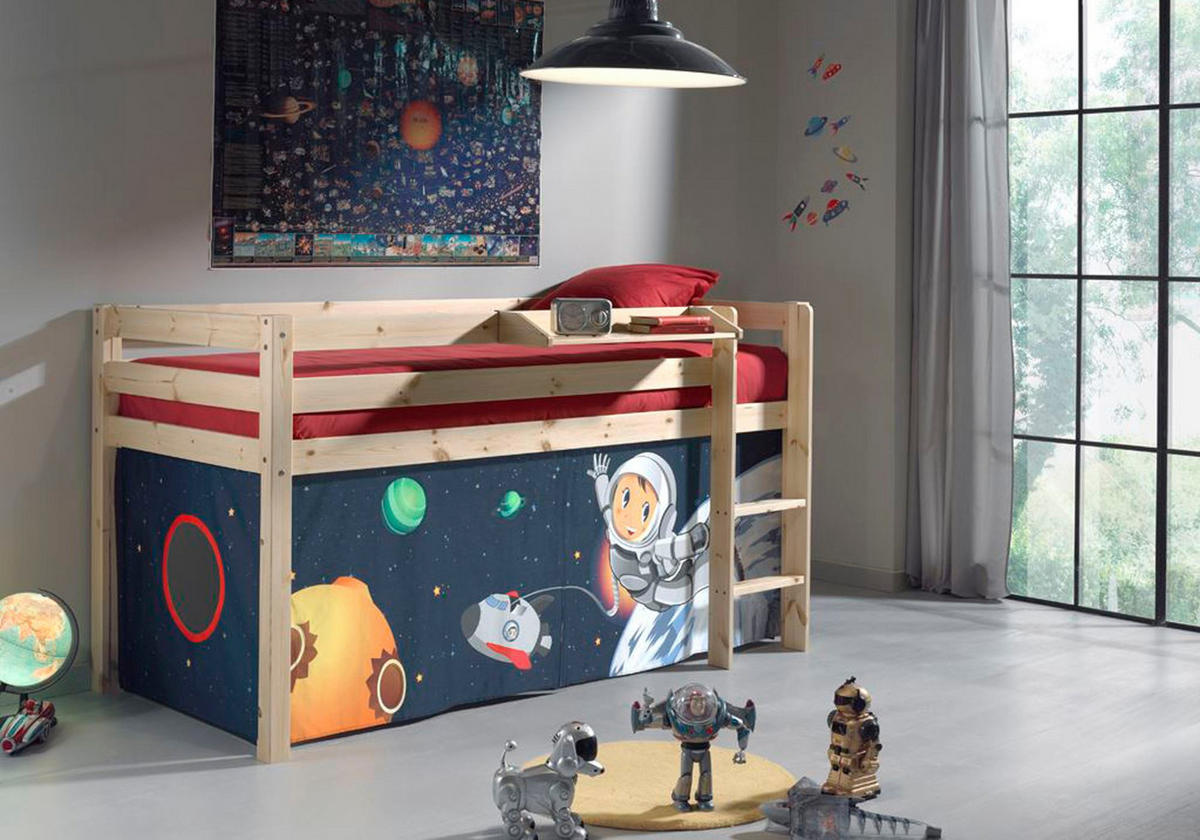 KINDERBETT Karolina 210x114x106 Massivholz Natur Textilset Spaceman - Pastellblau/Kieferfarben, Holz (90/200cm) - 58aufmkessel