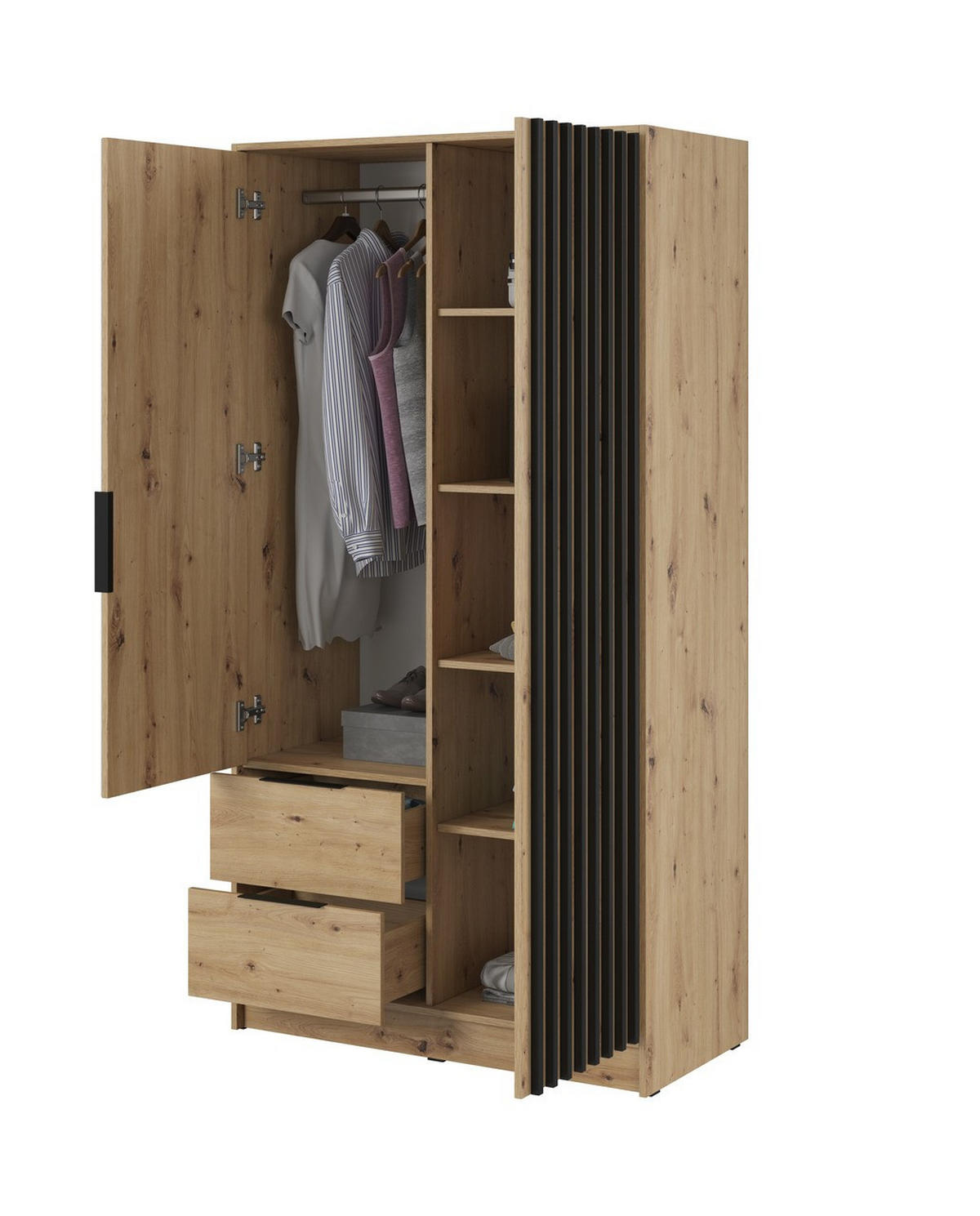 KLEIDERSCHRANK Nelly Artisan Eiche, Schwarz Lamellen, Schrank Zweitürige, Garderobe mit Spiegel - Eiche Artisan, Holzwerkstoff (105/200/51cm) - Bettso