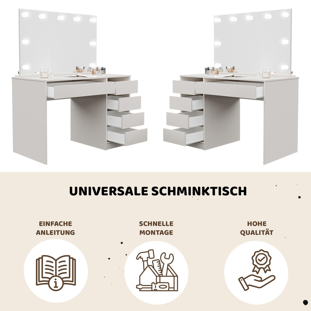 SCHMINKTISCH Bella Beige Cashmere 110 cm mit Spiegel und LED Beleuchtung - Kaschmir, Holzwerkstoff (110/77/55cm) - Idohome