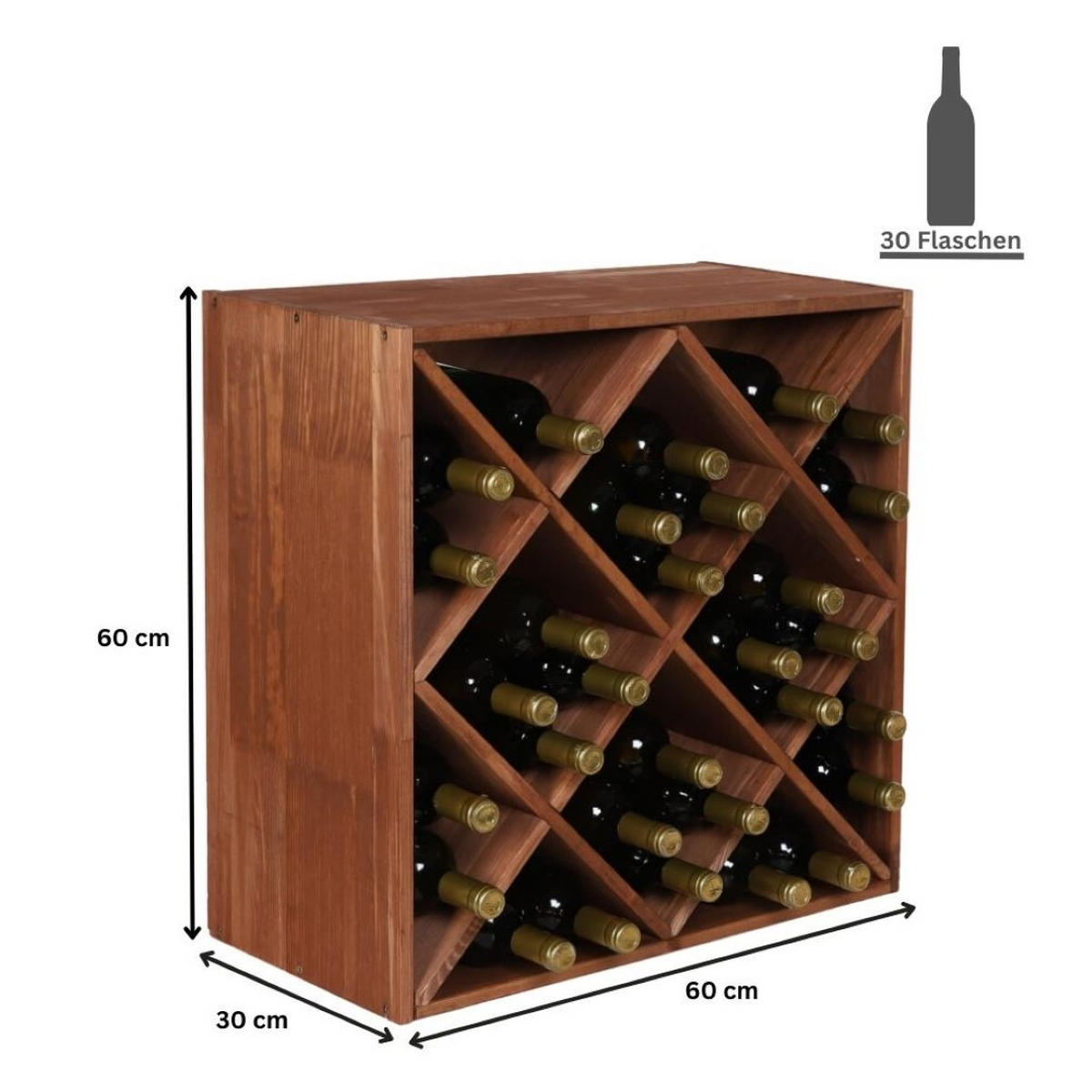 WEINREGAL Vincellar Mod 60x60x30 cm Rauten Modul Für 30 Flaschen Massives Kiefernholz Braun Geölt - Braun, Holz (60/60/30cm) - PROREGAL