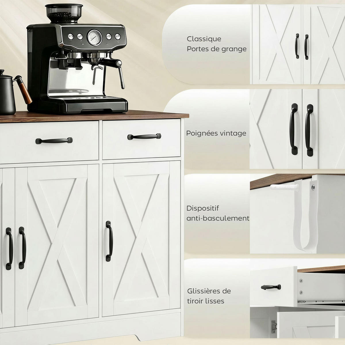 SIDEBOARD DE-11300 Landhausstil, 3 Scheunentüren Weiß - Weiß, Holzwerkstoff (108/81/40cm) - ComfortXL