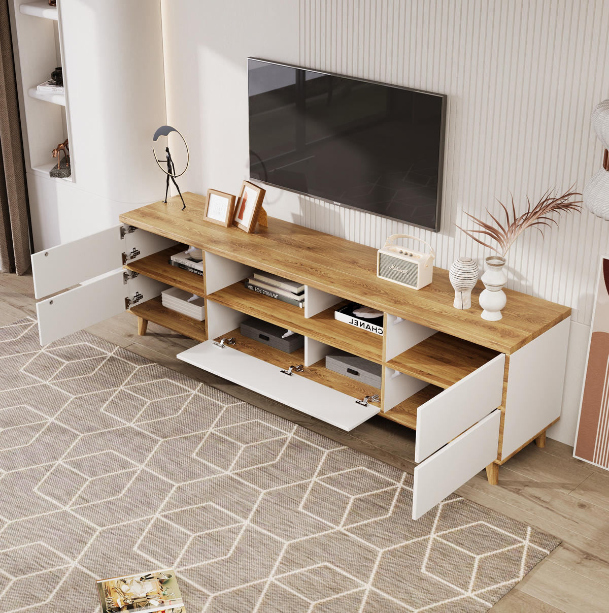 LOWBOARD 175/37/51 cm aus MDF mit 4 Türen und Holzfüßen Weiß - Naturfarben, Holzwerkstoff (175/51/37cm) - Modenvie