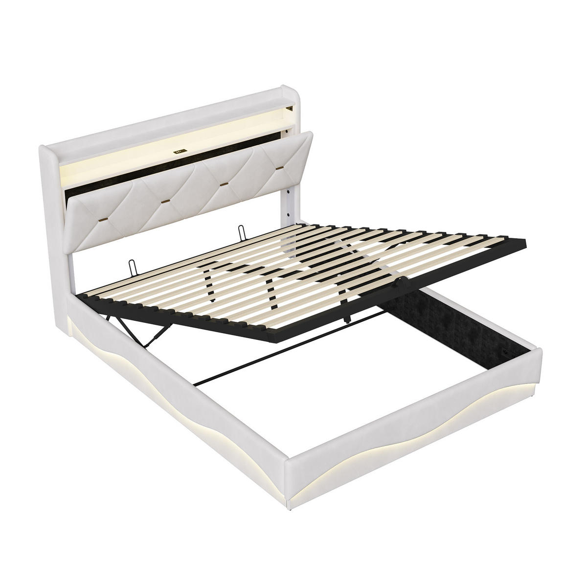 POLSTERBETT 140x200 cm mit Bettkasten, hydraulischer Stauraum, LED, USB & Type-C, Kopfteil mit Ablage und Lattenrost, Beige - Beige, Metall (140/200cm) - EuroLiving