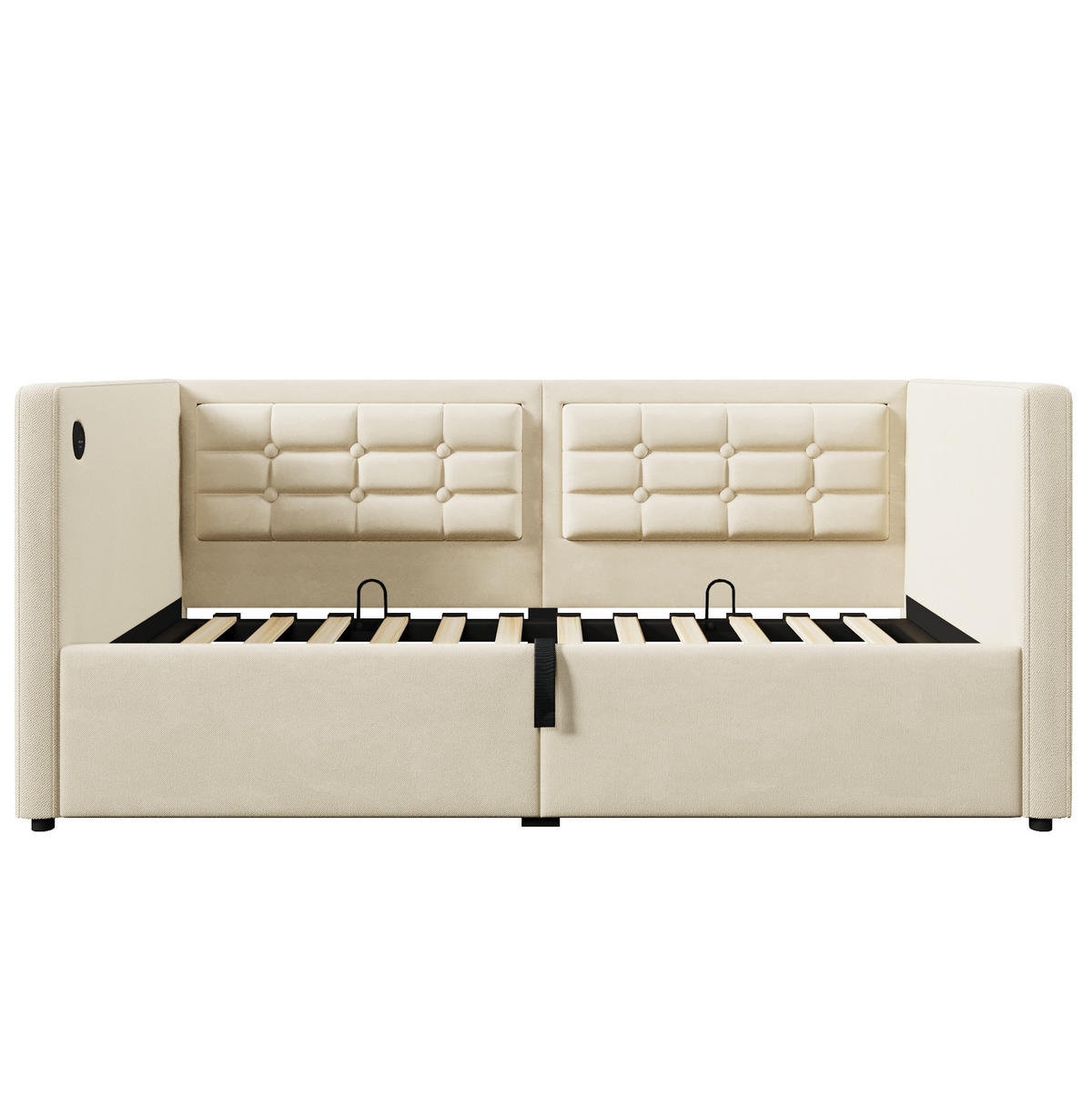 BETT 90/200 cm Beige mit hydraulischem Stauraum und USB- und Type-C-Anschlüssen - Beige, Textil (90/200cm) - OKWISH