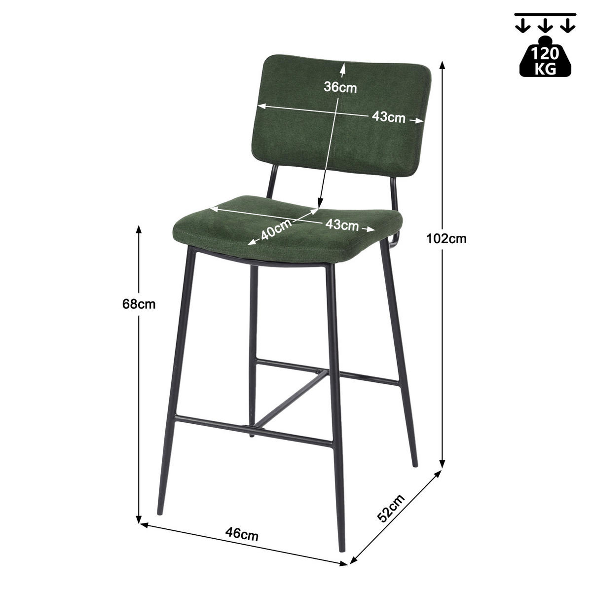 BARHOCKER 2er-Set, 69 cm Sitzhöhe, Gepolsterte Barstühle mit Rückenlehne und Fußstütze - Grün, Metall (46/102/52cm) - Meubles Cosy