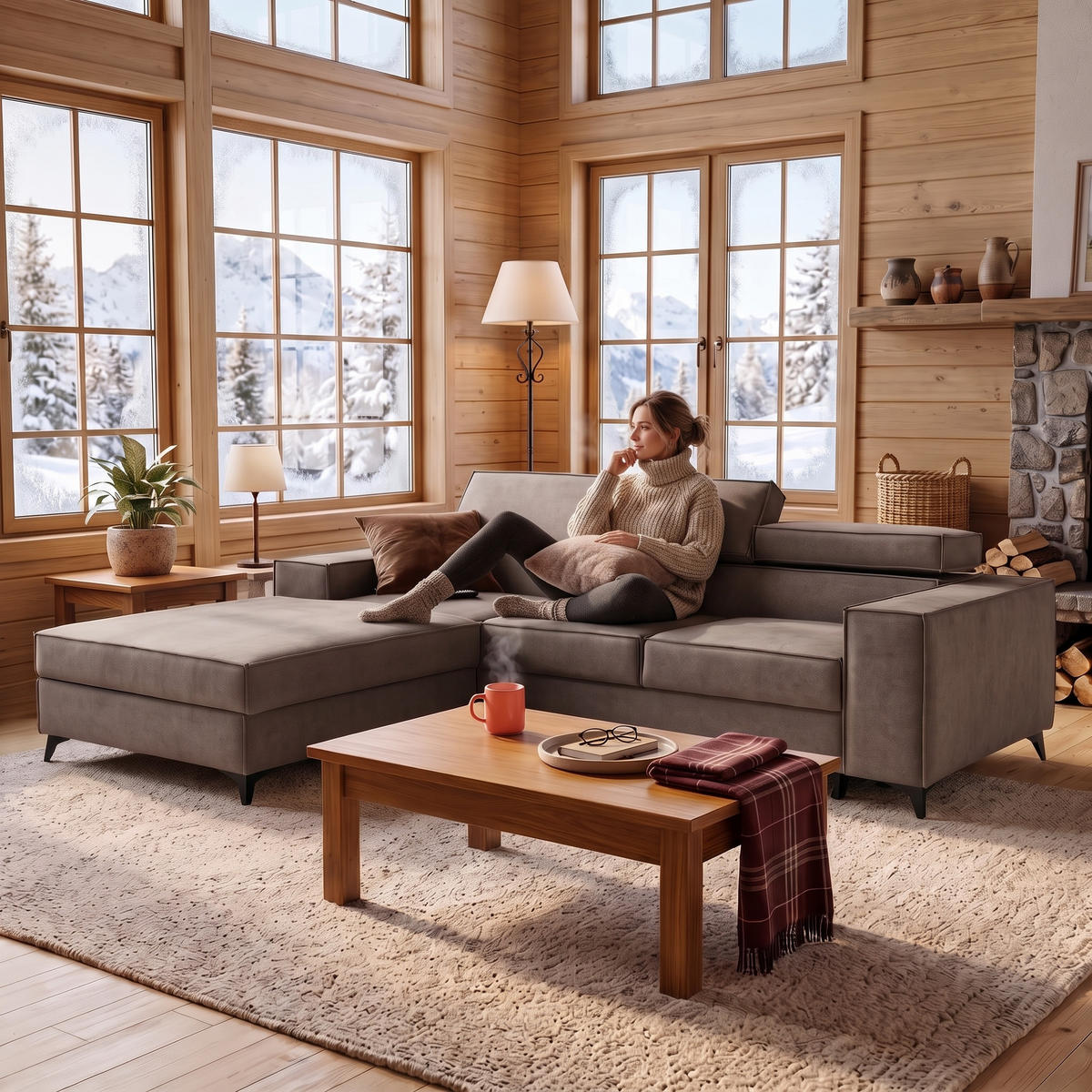 ECKSOFA PURE S Links mit Schlaffunktion 127x215 Velours Beige - Beige/Schwarz, Holz/Textil (281/204cm) - Muffo