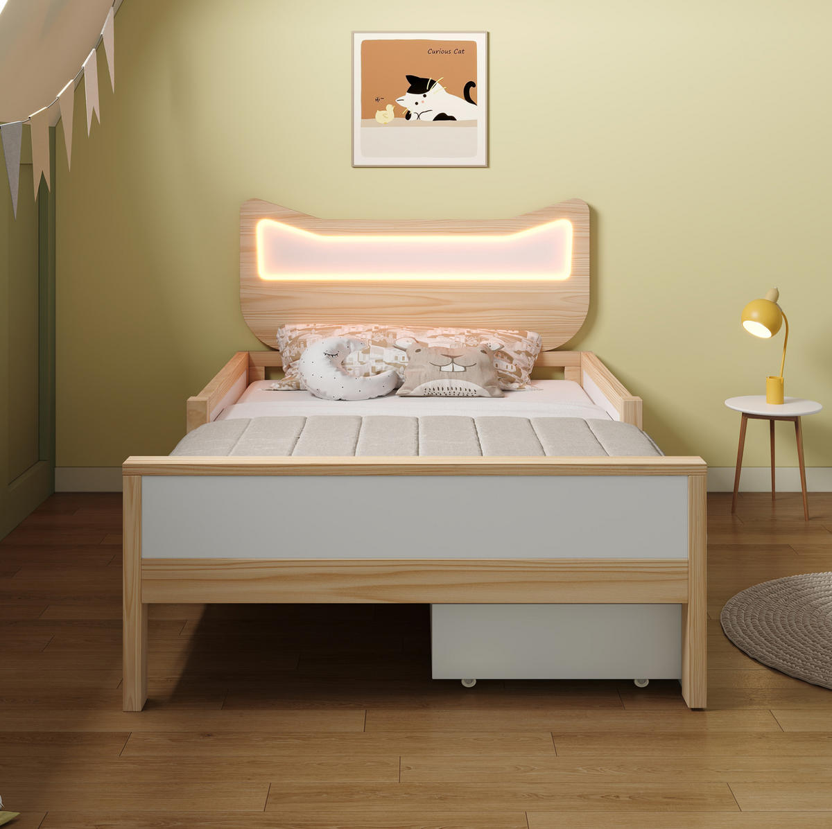 KINDERBETT 90/190 cm mit RGB-LED, Schutzgitter, Schublade und Staufach, Weiß/Eiche - Weiß, Holzwerkstoff (90/190cm) - Redom