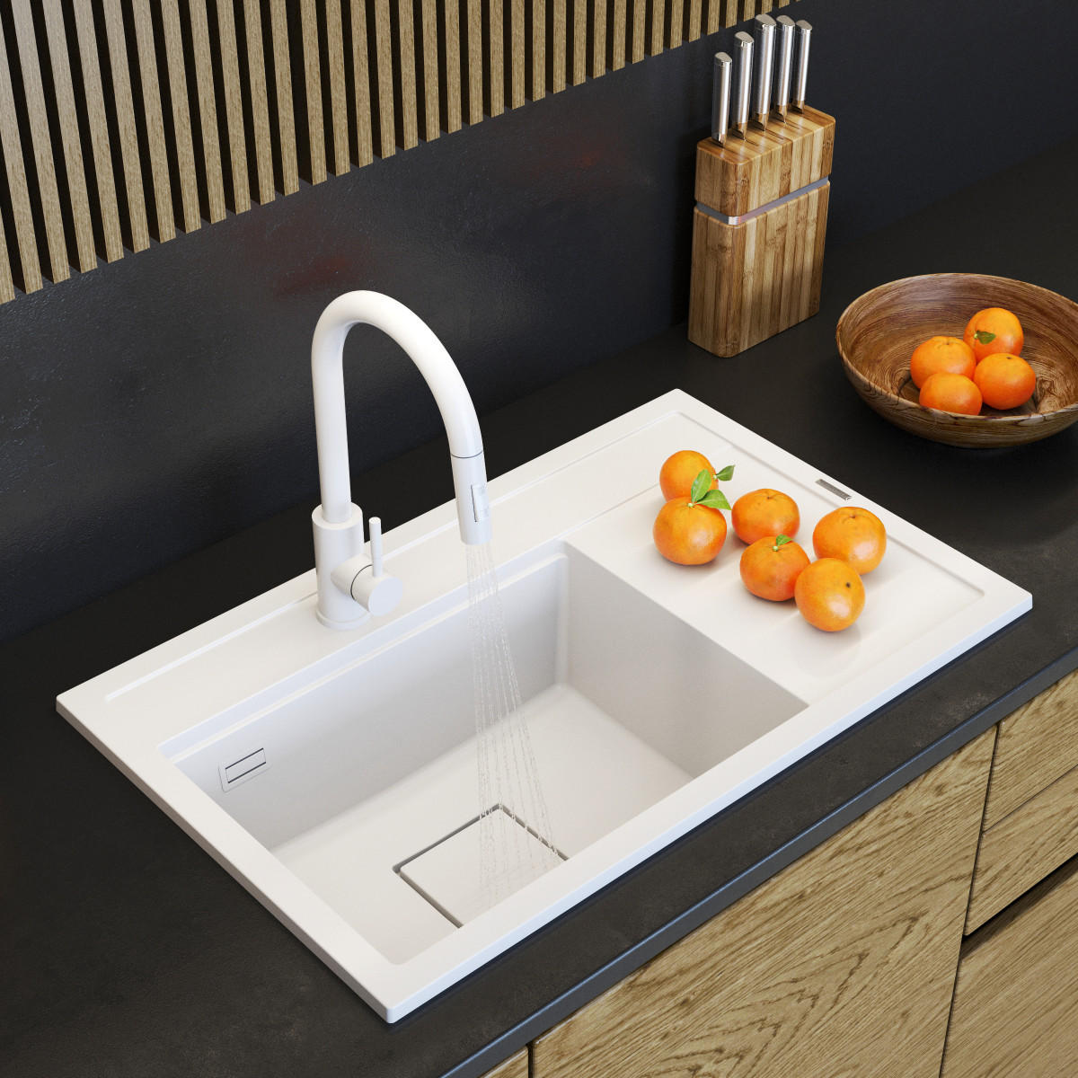 KÜCHENSPÜLE Rendo mit Siphon Batterie - Weiß, Kunststoff/Stein (51/22/81cm) - Granitan