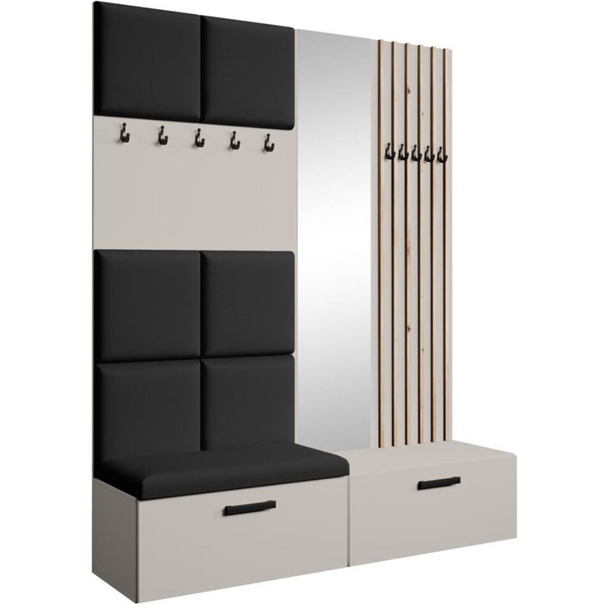 GARDEROBE Margaret I+II 162/203/43 mit gepolsterten Paneelen/Lamellen/Spiegel - Kaschmir/Schwarz, Holzwerkstoff/Kunststoff (162/203/43cm) - Beautysofa