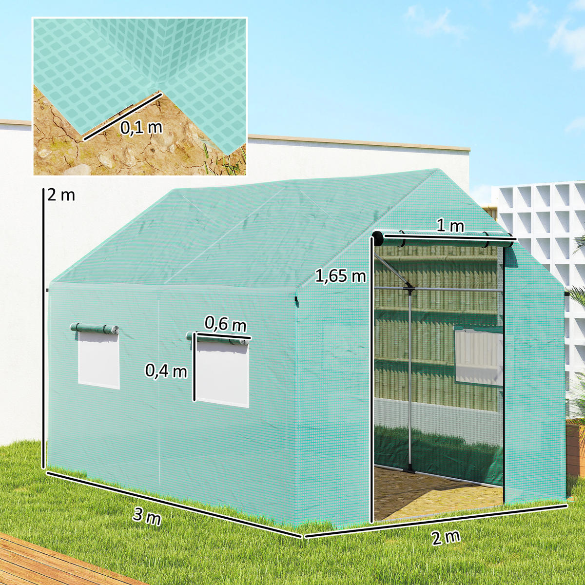 FOLIENGEWÄCHSHAUS, 2 x 3 x 2 m Gewächshaus, Treibhaus mit Rollfenster, Rolltür - Grün, Metall (300/200/200cm) - Outsunny