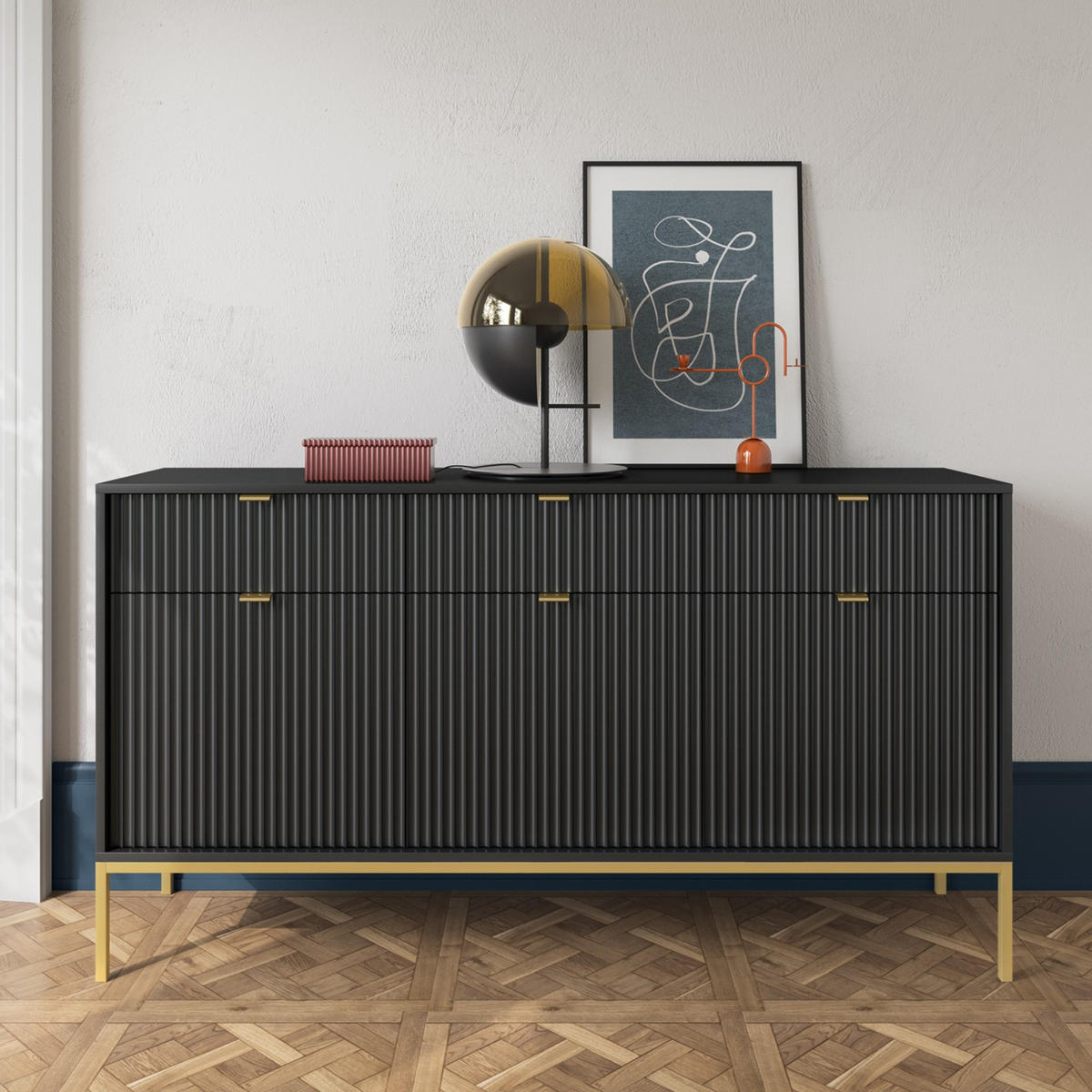 SCHWARZE Moderne Geriffelte Kommode KIOTO K3D3SZ (Gold Gestell, Soft-Close Türen) - Goldfarben/Schwarz, Holz/Holzwerkstoff (154/83/39cm) - Ravio