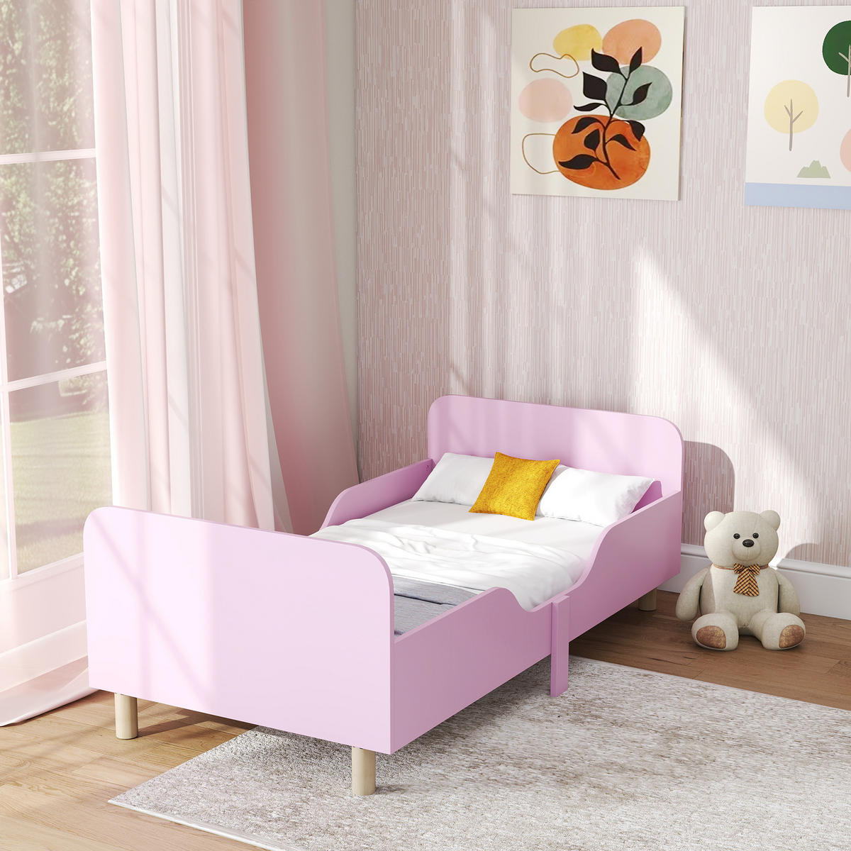 KINDERBETT mit Rausfallschutz, Lattenrost, 140 x 70 cm Jugendbett aus Holz - Naturfarben/Rosa, Holzwerkstoff (70/140cm) - AIYAPLAY