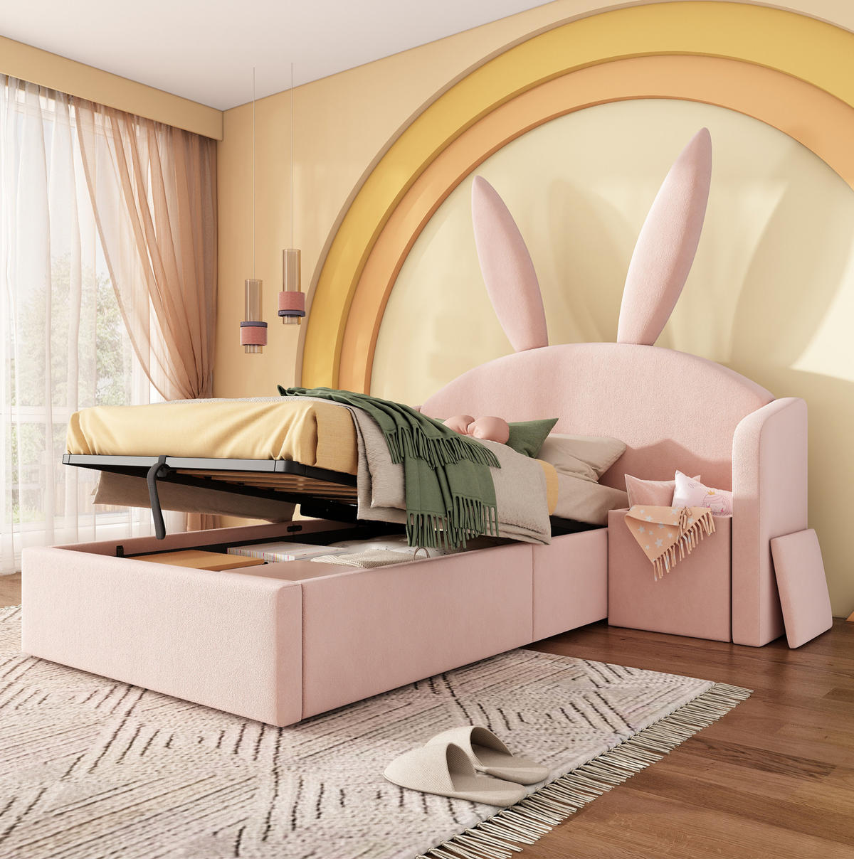POLSTERBETT 90/200 cm mit Hasenohren, Nachttisch und hydraulischem Stauraum, Rosa - Rosa, Textil (90/200cm) - Redom