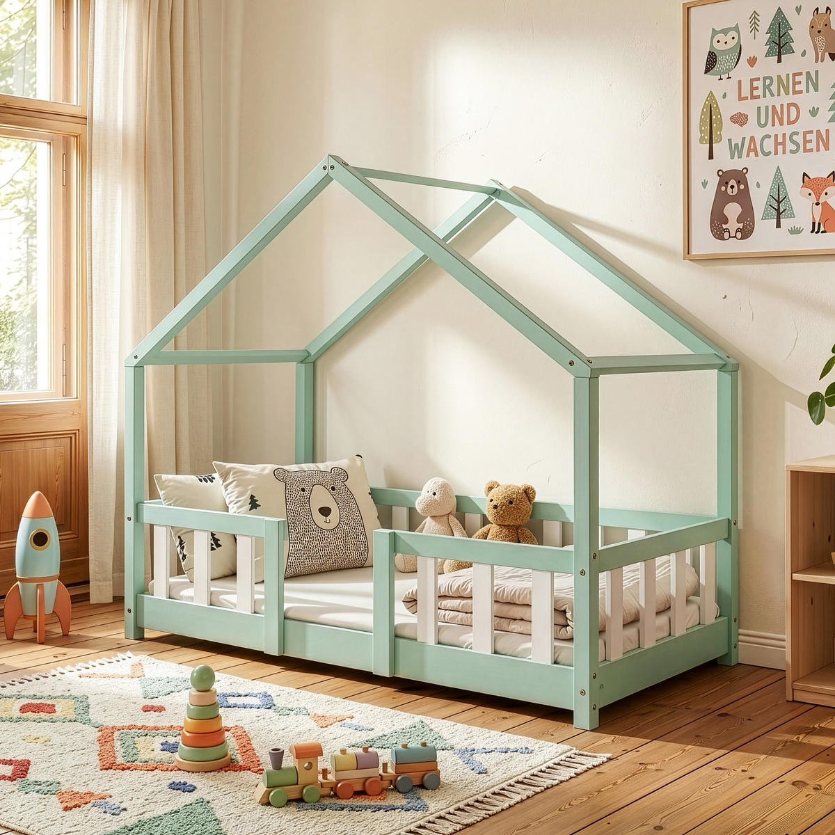 HAUSBETT Treviolo - Weiß/Mintgrün, Holz (70/140cm) - [en.casa]