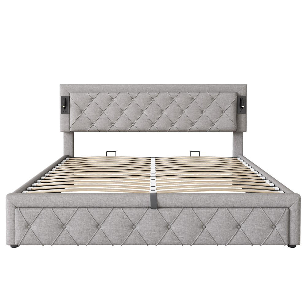 POLSTERBETT 180x200 cm in Grau Leinen mit Downlight & USB-Schnittstelle - Grau, Holz/Textil (180/200cm) - KOMHTOM