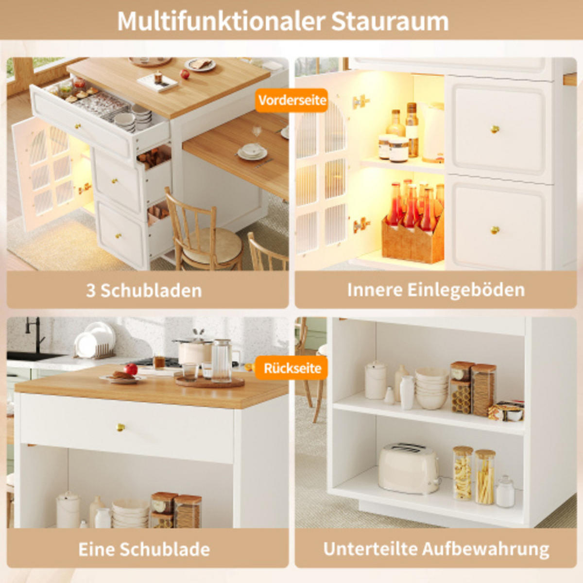 KÜCHENINSEL 122,5-195,5x59x93,5 cm aus MDF mit ausziehbarer Tischplatte, RGB-LED-Leiste, Glastür und goldenen Metallbeschlägen, weiß - Weiß, Holzwerkstoff (195.5/93.5/59cm) - Luhomfu