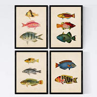 POSTER Set mit 4 Kantabrisch 11 verschiedenen Fischen Hintergrund Jahrgang A4 Schwarzer Rahmen - Schwarz, Papier (29.7/3cm) - Nacnic