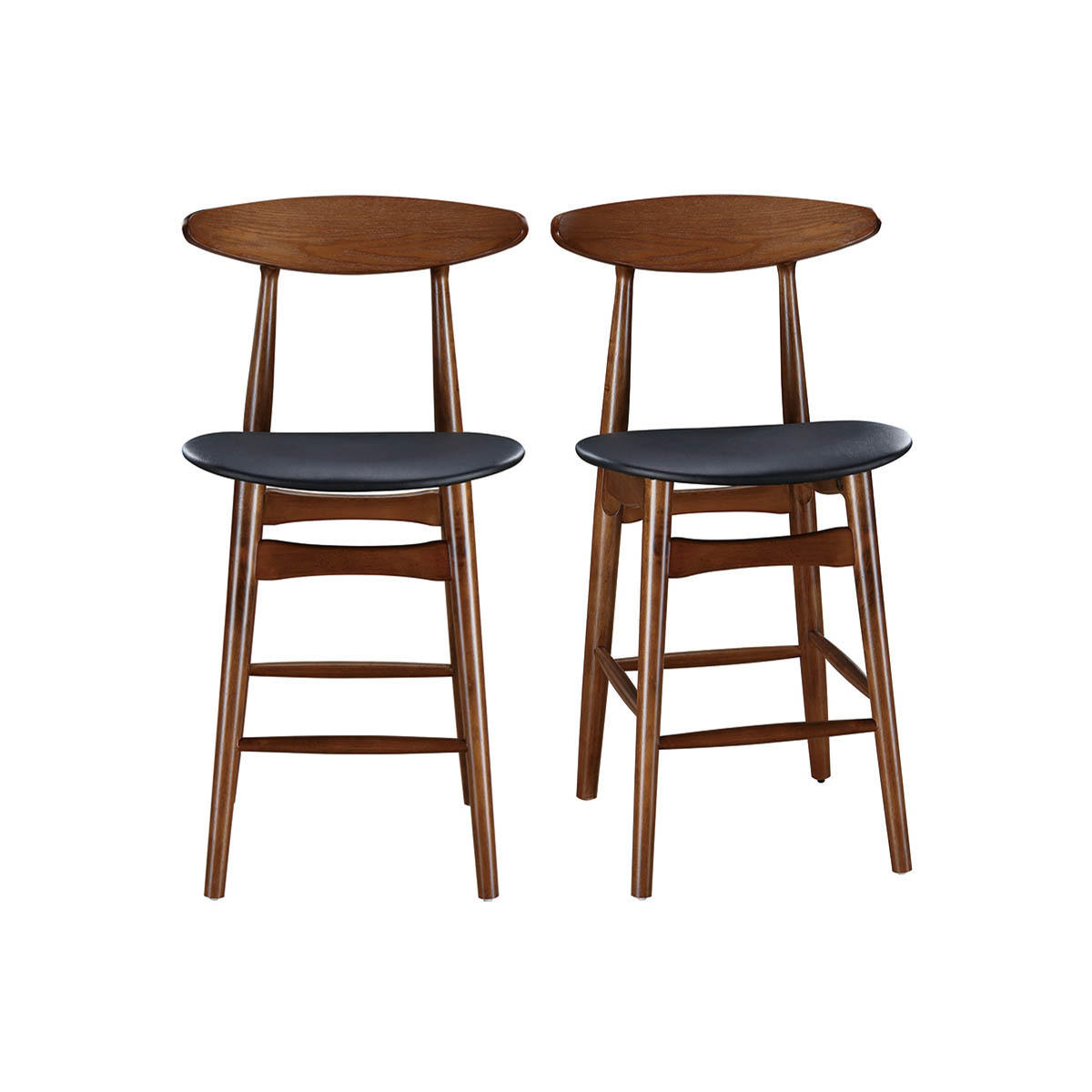 BARHOCKER Vintage Nussbaum PU Schwarz 65 cm 2er-Set WALFORD - Walnussfarben, Holz (51/98/52cm) - Miliboo