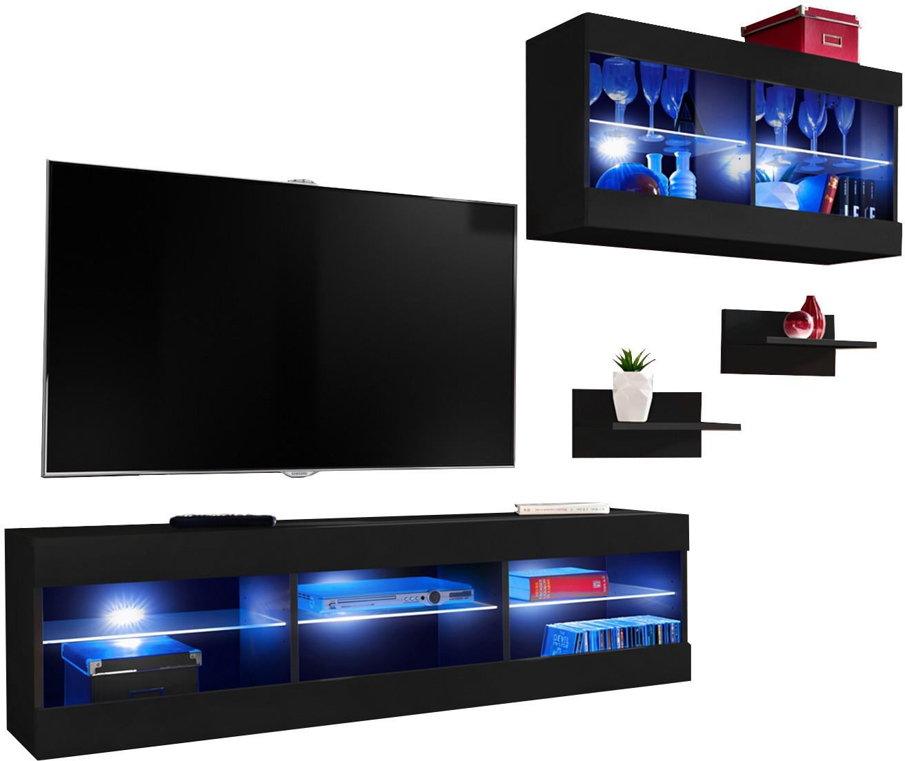 WOHNWAND TIVOLI SET3-BLACK/BLACK+BLU Offener Raum Schwarz Schwarz - Schwarz, Glas/Holzwerkstoff (240/195/35cm) - Komodee
