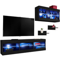 WOHNWAND TIVOLI SET3-BLACK/BLACK+BLU Offener Raum Schwarz Schwarz - Schwarz, Glas/Holzwerkstoff (240/195/35cm) - Komodee