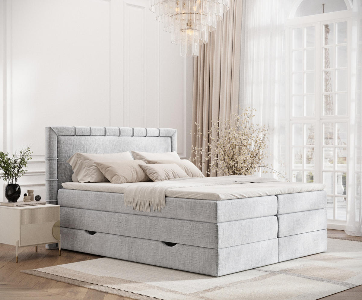 BOXSPRINGBETT Rosabel Hellgrau 200/200 cm mit Matratze und Topper - Hellgrau/Schwarz, Holz/Holzwerkstoff (200/200cm) - Maison de Reve