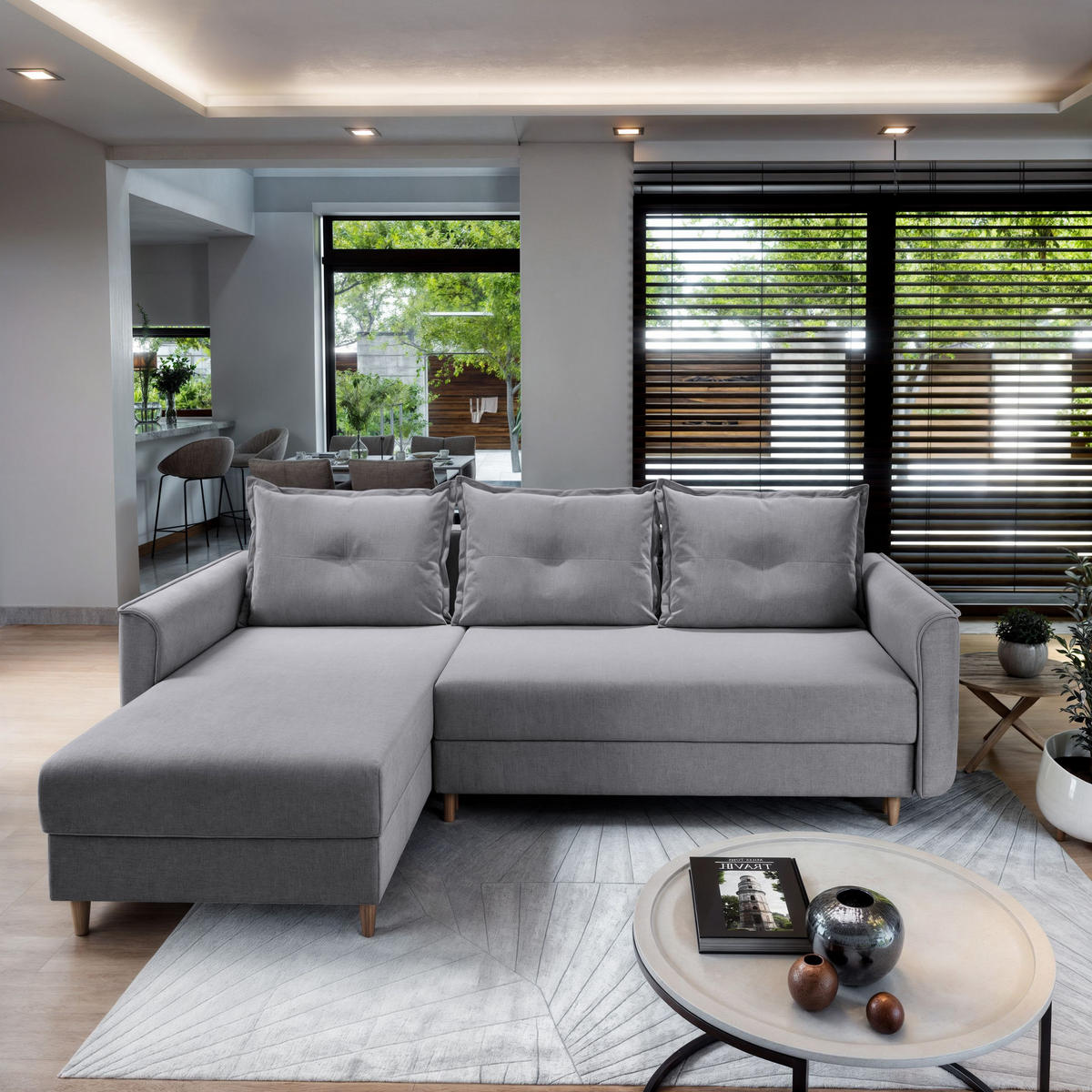 ECKSOFA PISAN R-S Hellgrau Plüsch-Stoff mit Schlaffunktion - Hellgrau, Holz (220/140cm) - MASSENO