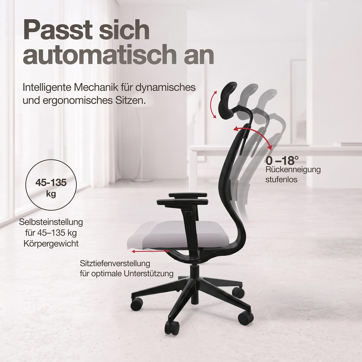 DREHSTUHL Ergonomischer Bürostuhl Atessa mit Netzrücken und Kopfstütze / Mit Kopfstütze Hellgrau Netzrücken für Luftzirkulation - Hellgrau, Textil (62.5/120.5/45cm) - ASSMANN