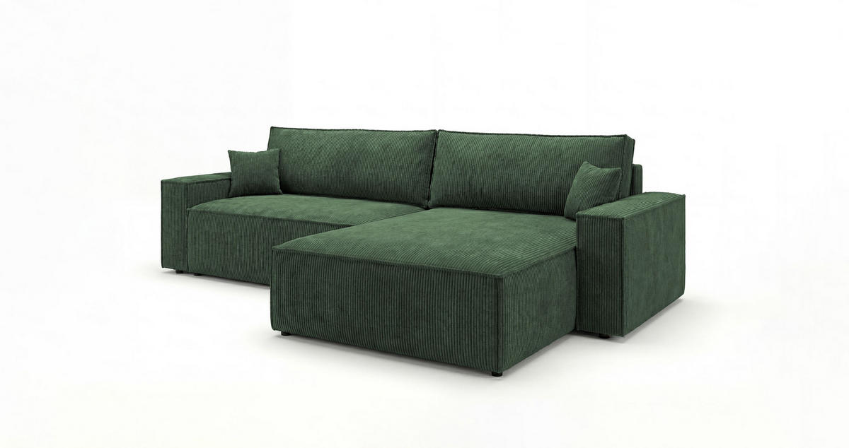 ROHOVÁ pohovka VIENNA pravá zelená manšestr Poso 14 - funkce spaní, úložný prostor - zelená barva, textil (285/184cm) - Cornero