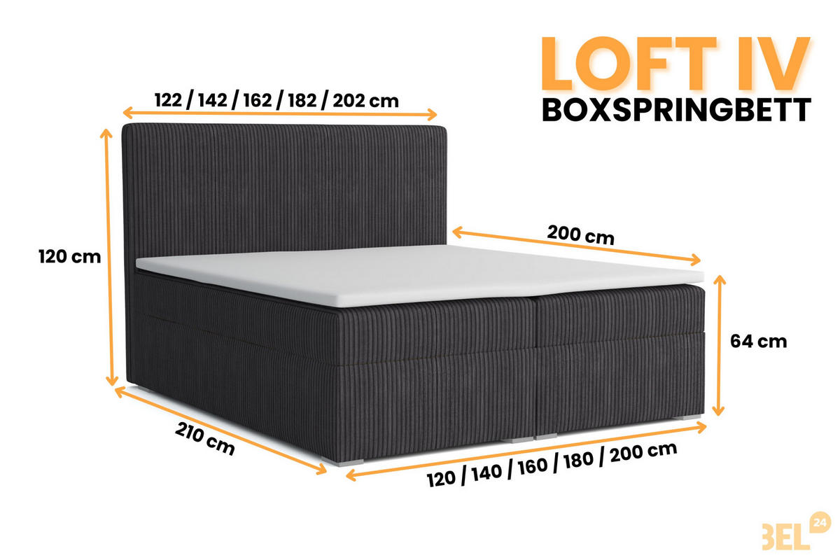 BOXBETT LOFT IV 200/200 Cord Anthrazit mit Bonell-Federkernmatratzen H3 - Anthrazit, Holz/Holzwerkstoff (200/200cm) - Deine Möbel 24
