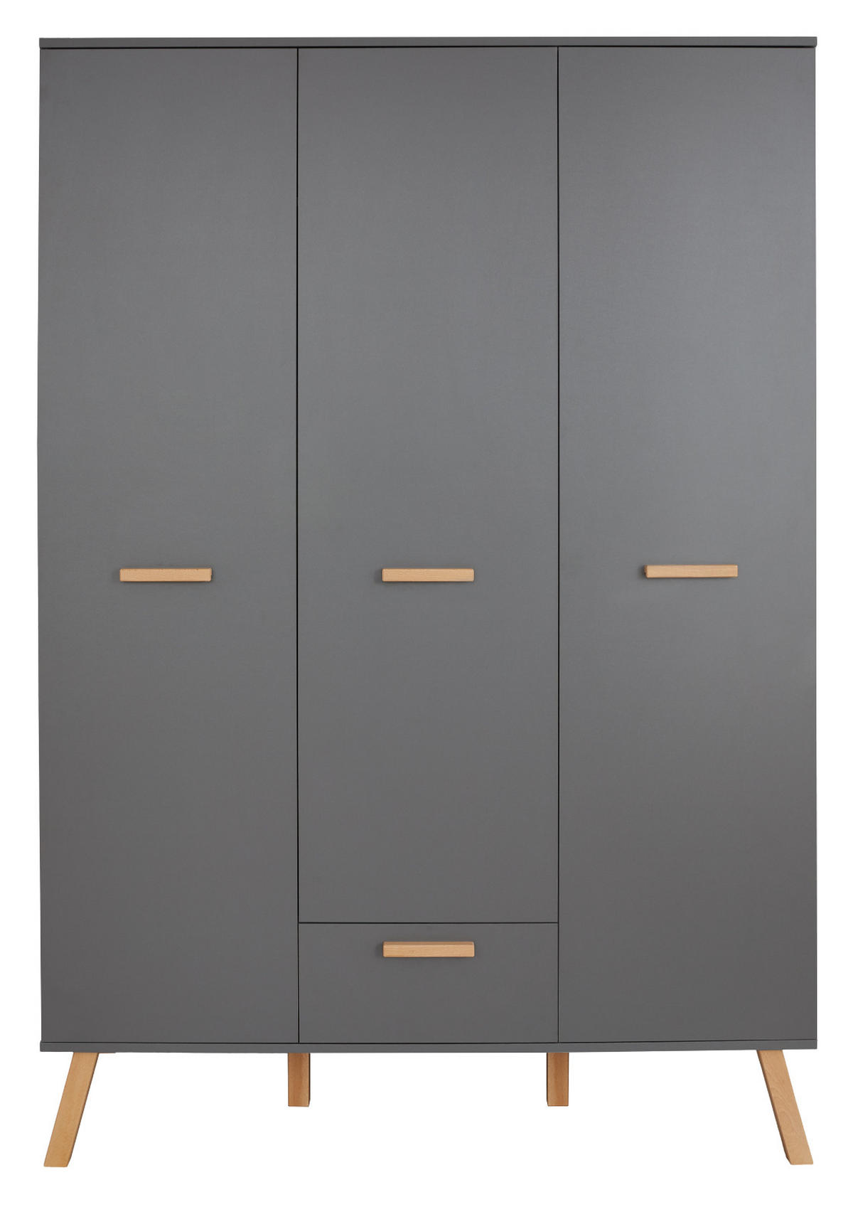 KLEIDERSCHRANK grau matt mit Buche massiv, 3-türig 130 x 190 cm für Baby- und Kinderzimmer - Eichefarben/Buchefarben, Holz/Holzwerkstoff (60/190/130cm) - Top.Furn