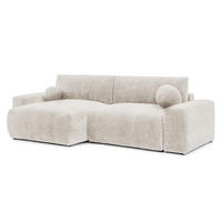 ECKSOFA Puffy mit Schlaffunktion und Bettkasten - besonders weich und puffig aus Beige Stoff mit Chenillestruktur - Ottomane links - Beige/Schwarz, Holz/Kunststoff (138/266cm) - S-Style Möbel