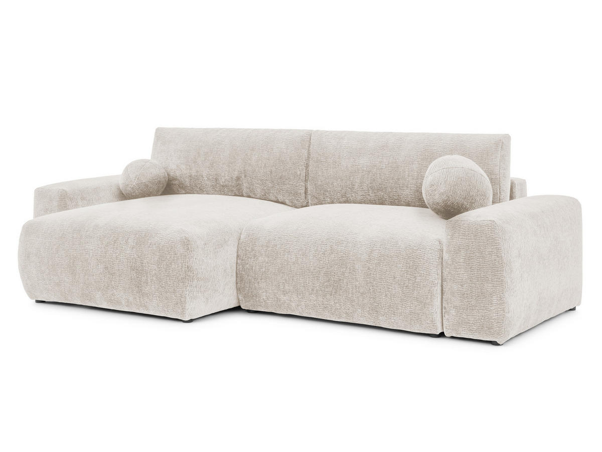ECKSOFA Puffy mit Schlaffunktion und Bettkasten - besonders weich und puffig aus Beige Stoff mit Chenillestruktur - Ottomane links - Beige/Schwarz, Holz/Kunststoff (138/266cm) - S-Style Möbel