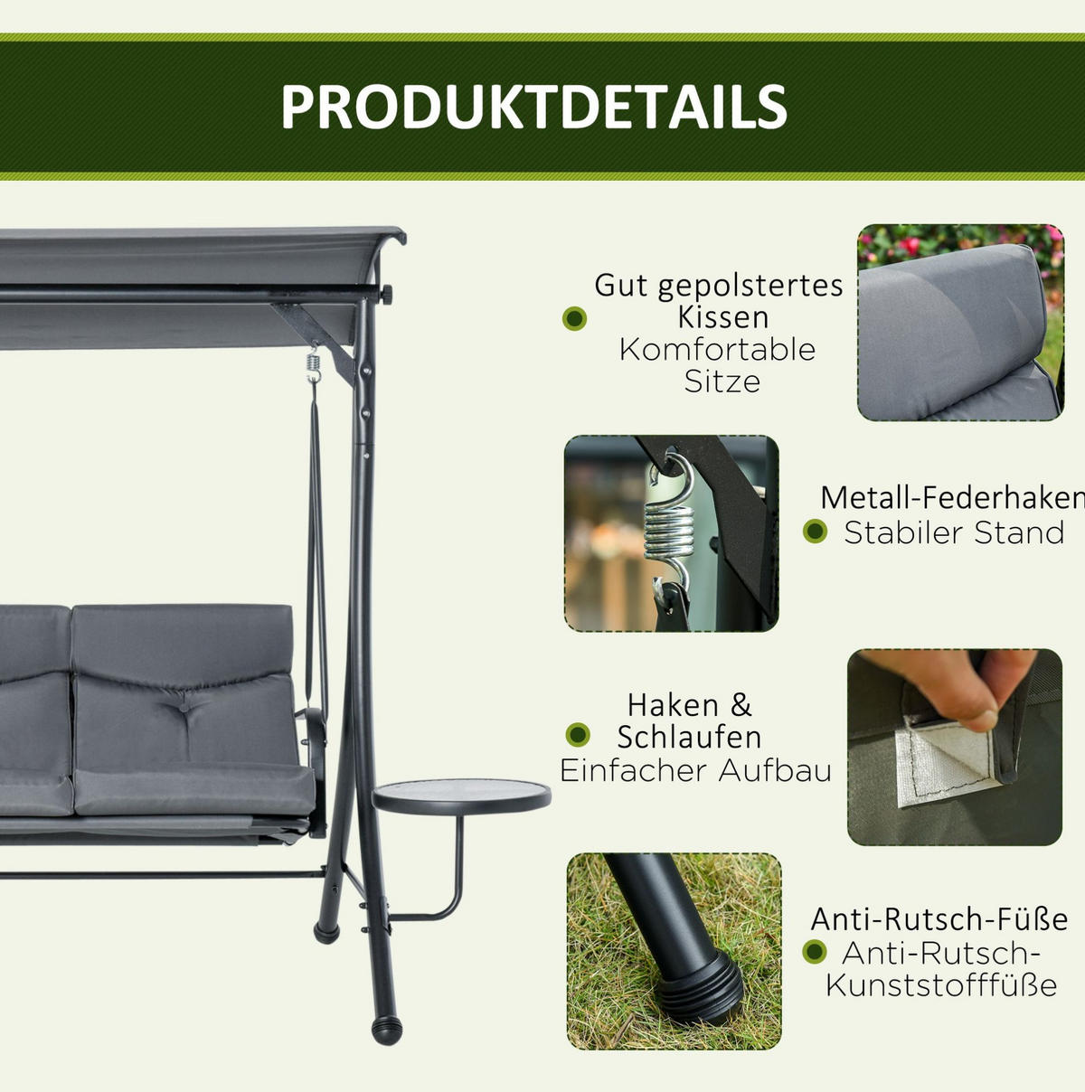 HOLLYWOODSCHAUKEL 271/125/177 cm aus Stahl mit verstellbarem Sonnendach und 2 Glastischen, Grau - Grau, Metall (125/177/271cm) - Redom